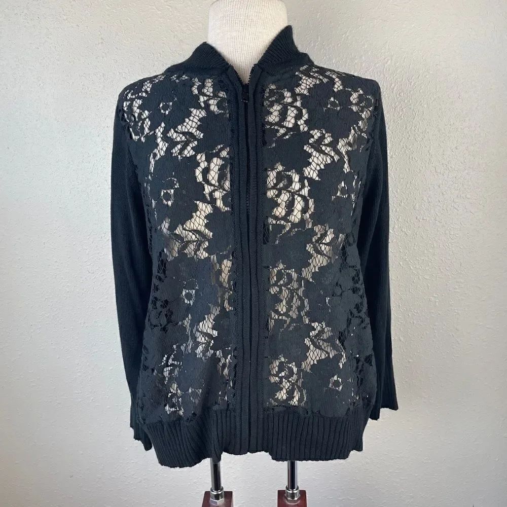 Fever Black Lace Full Zip Style Cardigan Size L